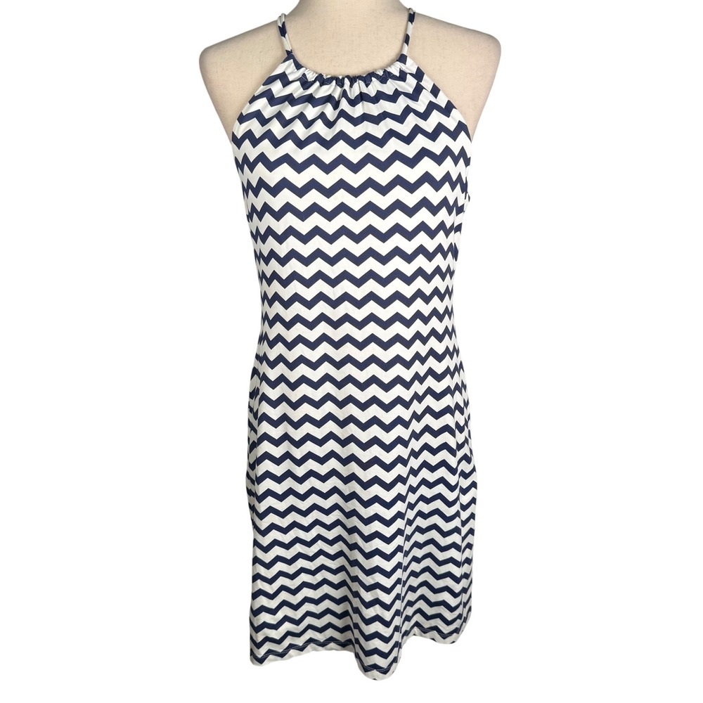 J.McLaughlin Chevron Halter Dress Womens XS Navy White Catalina Cloth Coastal